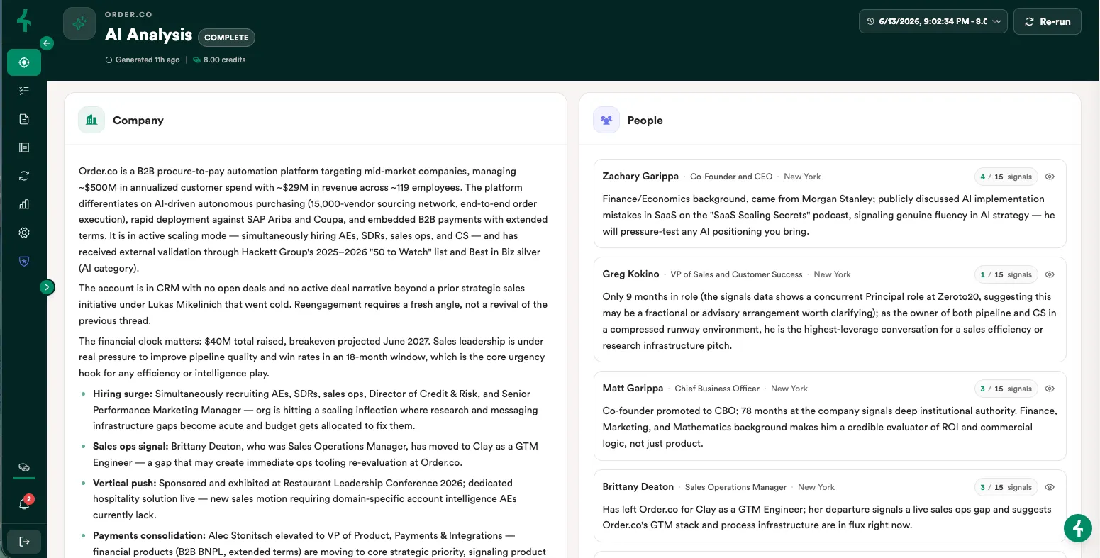 Narrative AI Analysis — deep company and people research synthesized into an executive brief