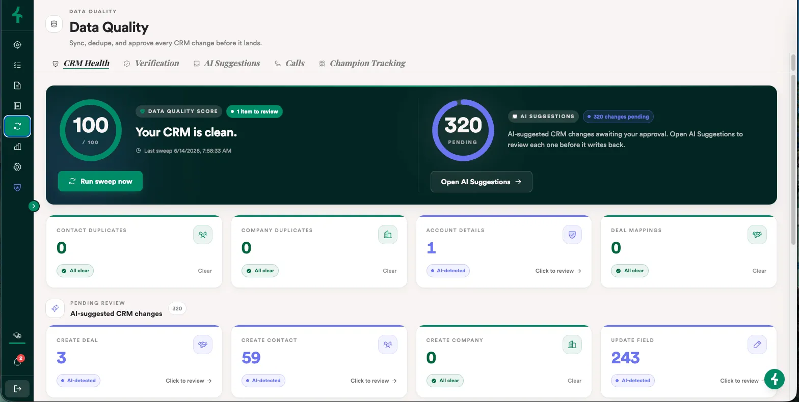 Narrative Data Quality — AI-suggested CRM changes awaiting rep approval before anything writes back