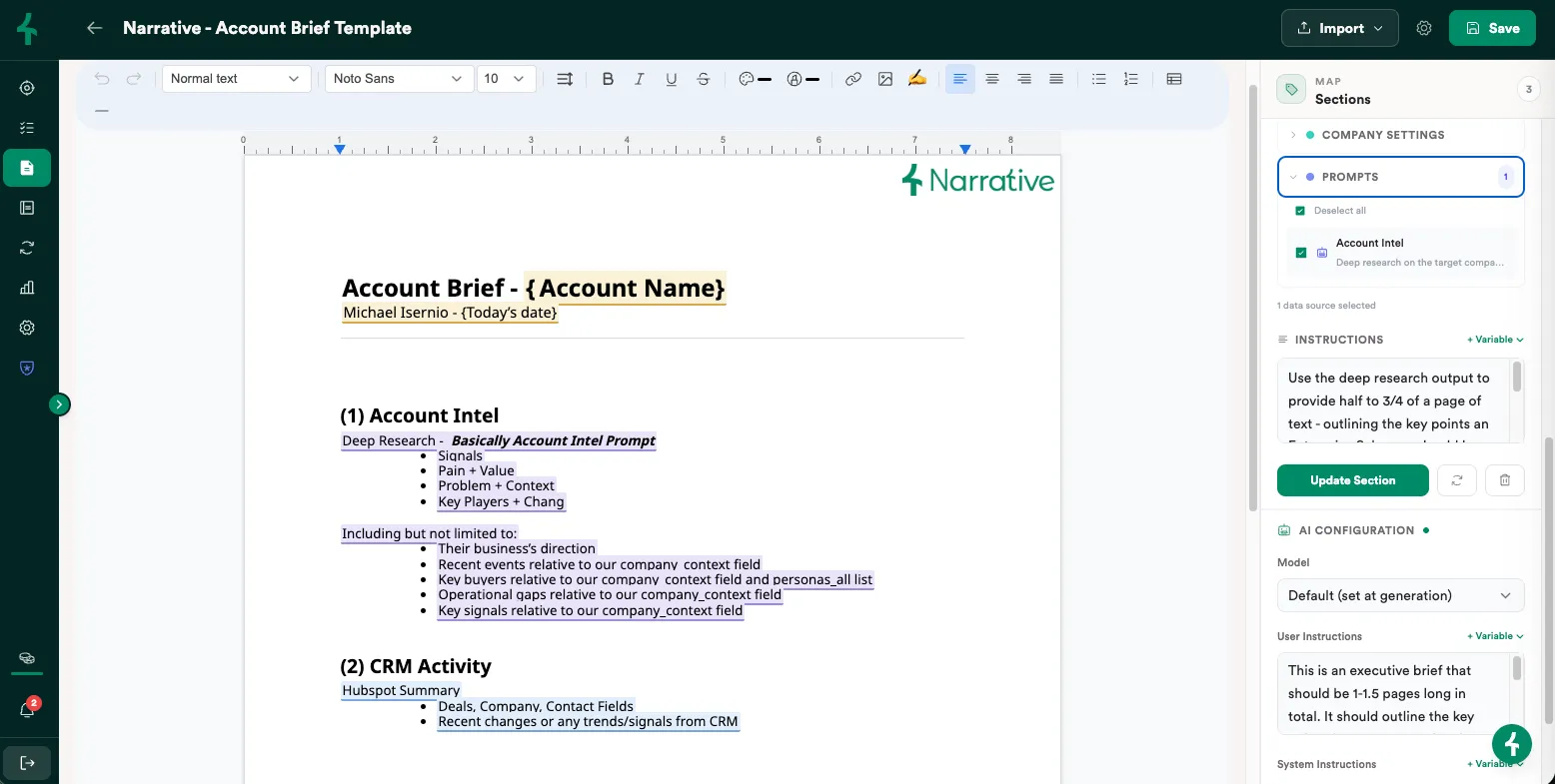 Narrative template editor — reusable plays and prompts the whole team can run