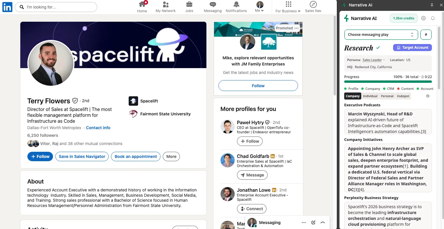 Narrative Chrome extension sidepanel open on a LinkedIn profile with live research