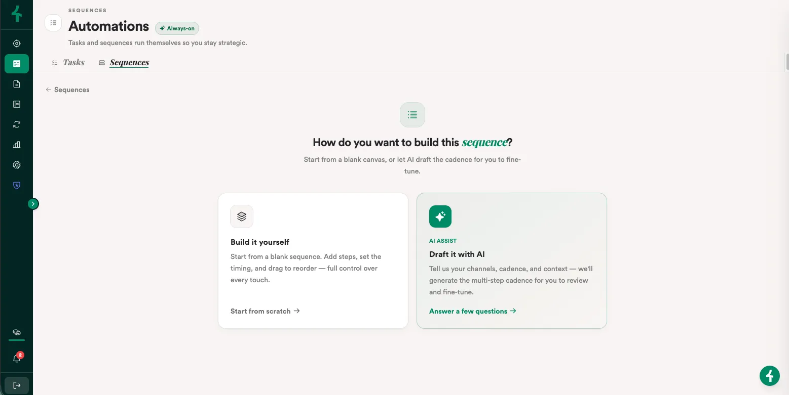 Narrative sequence builder — build it yourself or let AI draft the cadence to fine-tune
